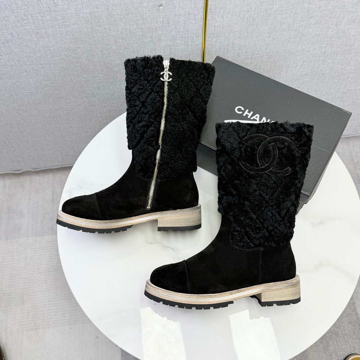 CC 26s Mid Calf Boots Black Suede Quilted Shearling 167738