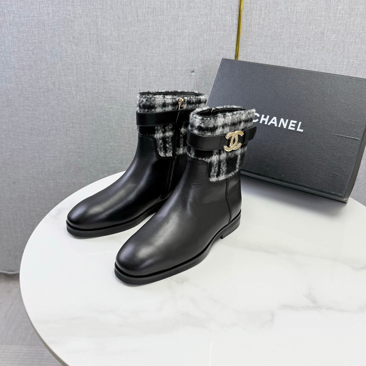 CC 26s Plaid Trim Ankle Boots Black Leather 167520