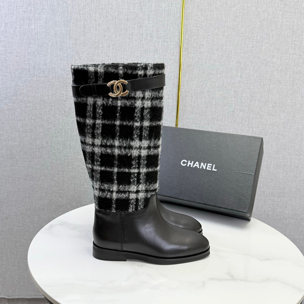 CC 26s Plaid Trim Knee High Boots Black Leather 167513