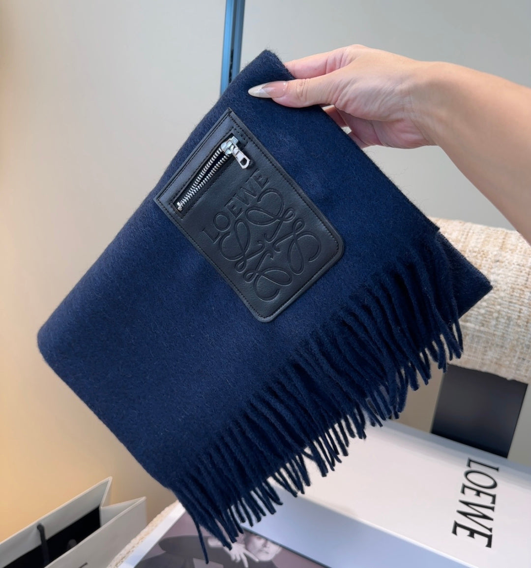 Loewe Scarf 180CM Dark Blue Mix Black Wool-blend Leather 969503