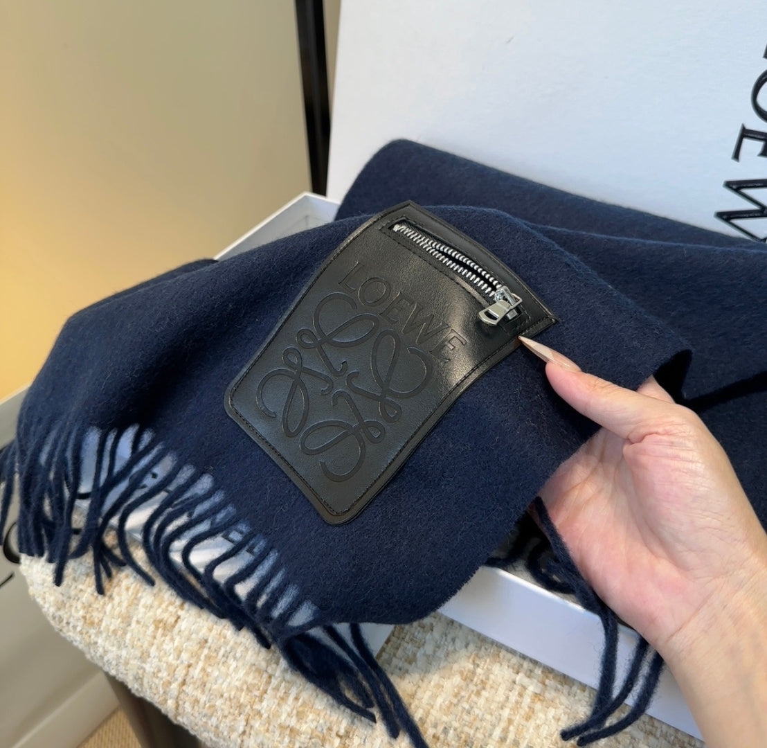 Loewe Scarf 180CM Dark Blue Mix Black Wool-blend Leather 969503