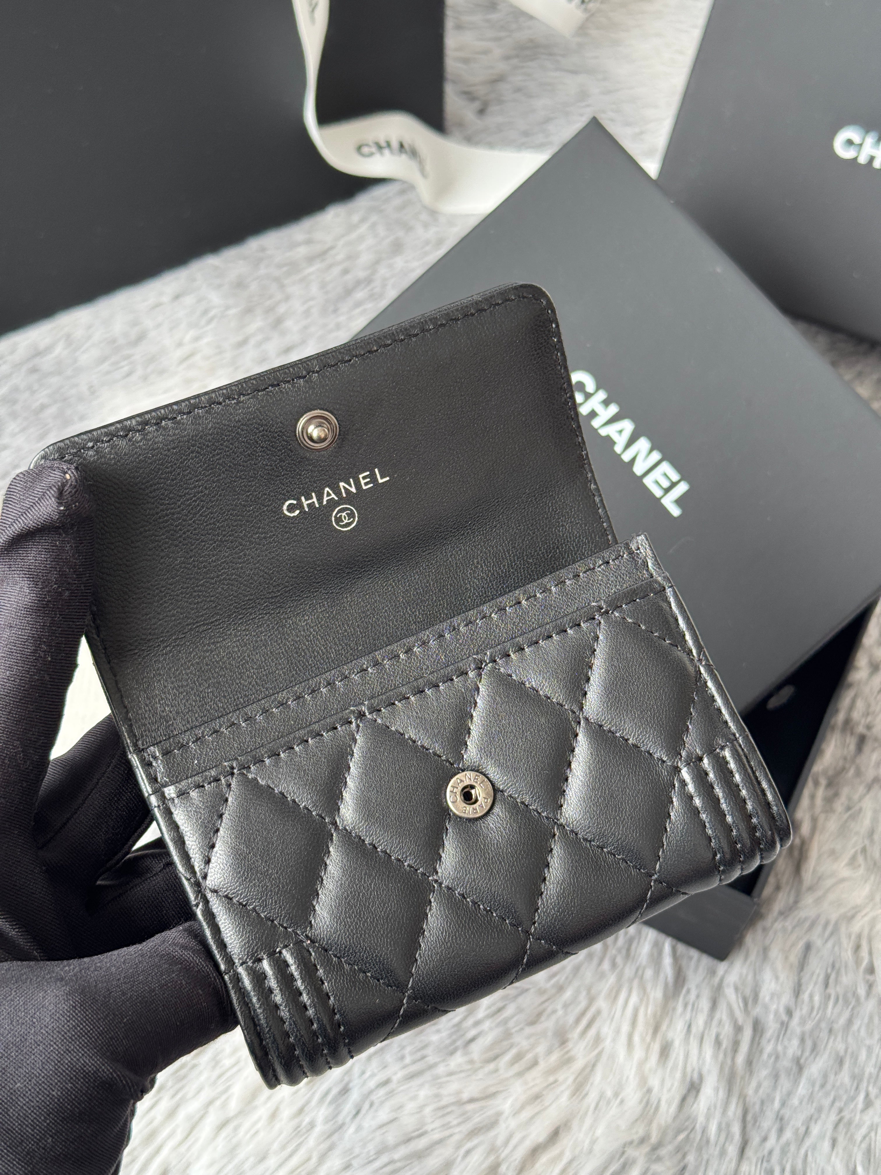 CC Boy Flap Card Holder Black Sliver-tone Lambskin 242864