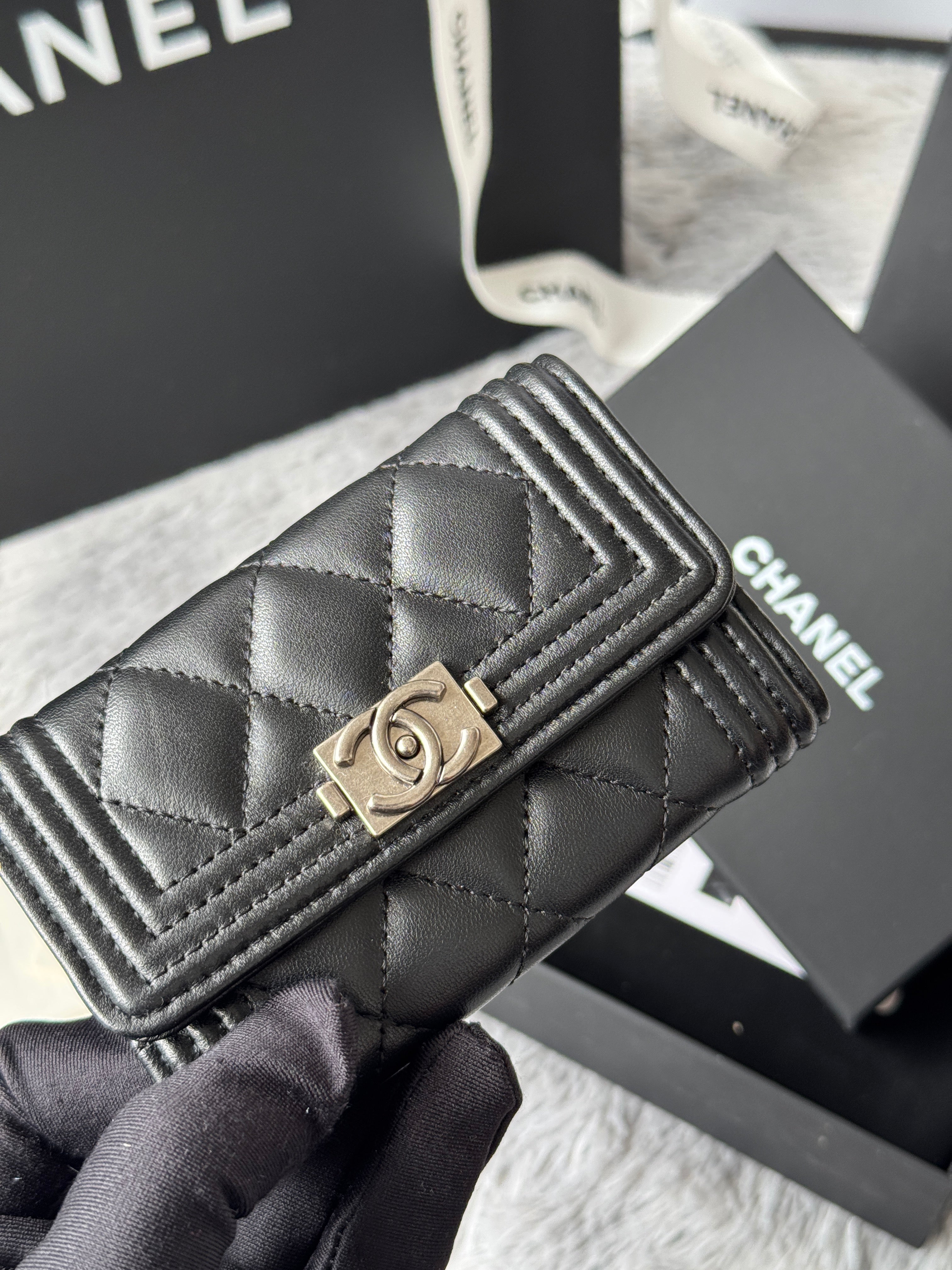 CC Boy Flap Card Holder Black Sliver-tone Lambskin 242864