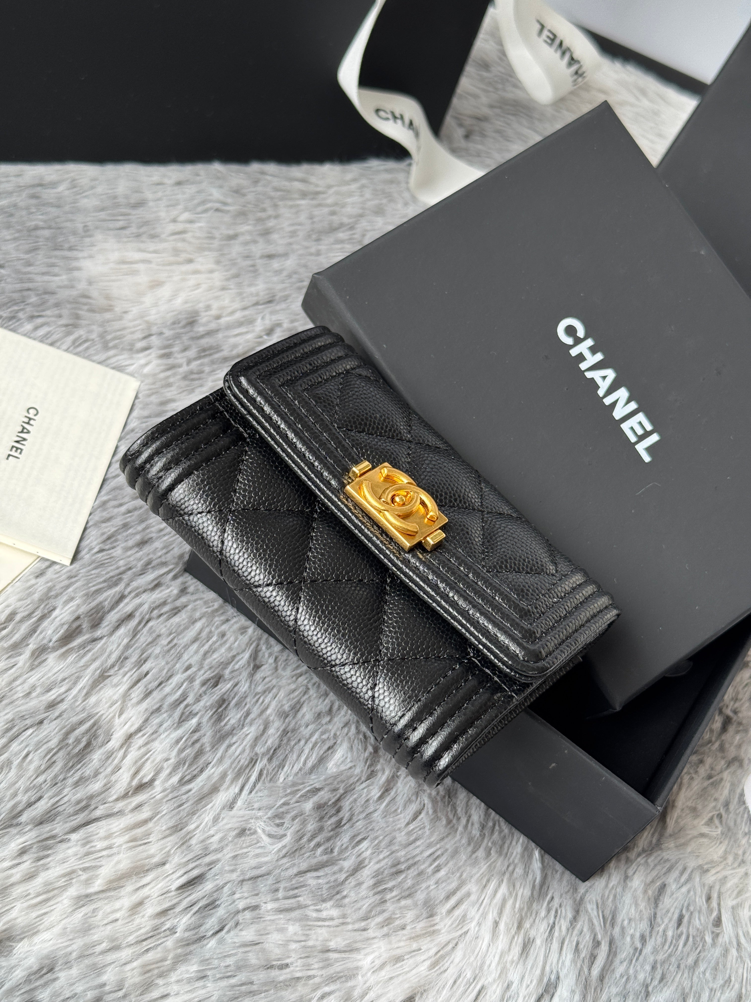 CC Boy Flap Card Holder Black Gold-tone Grained Calfskin 242866