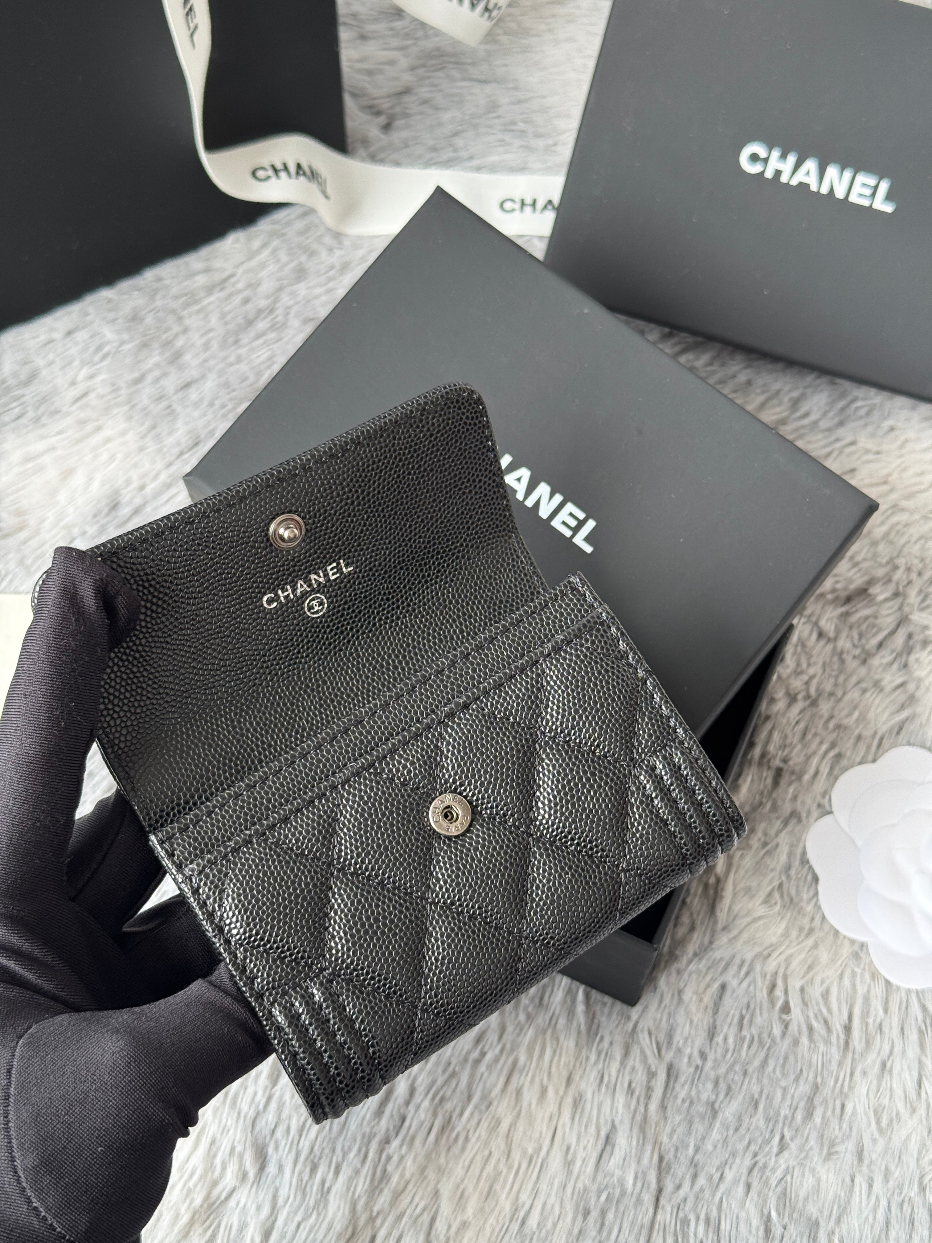 CC Boy Flap Card Holder Black Sliver-tone Grained Calfskin 242888