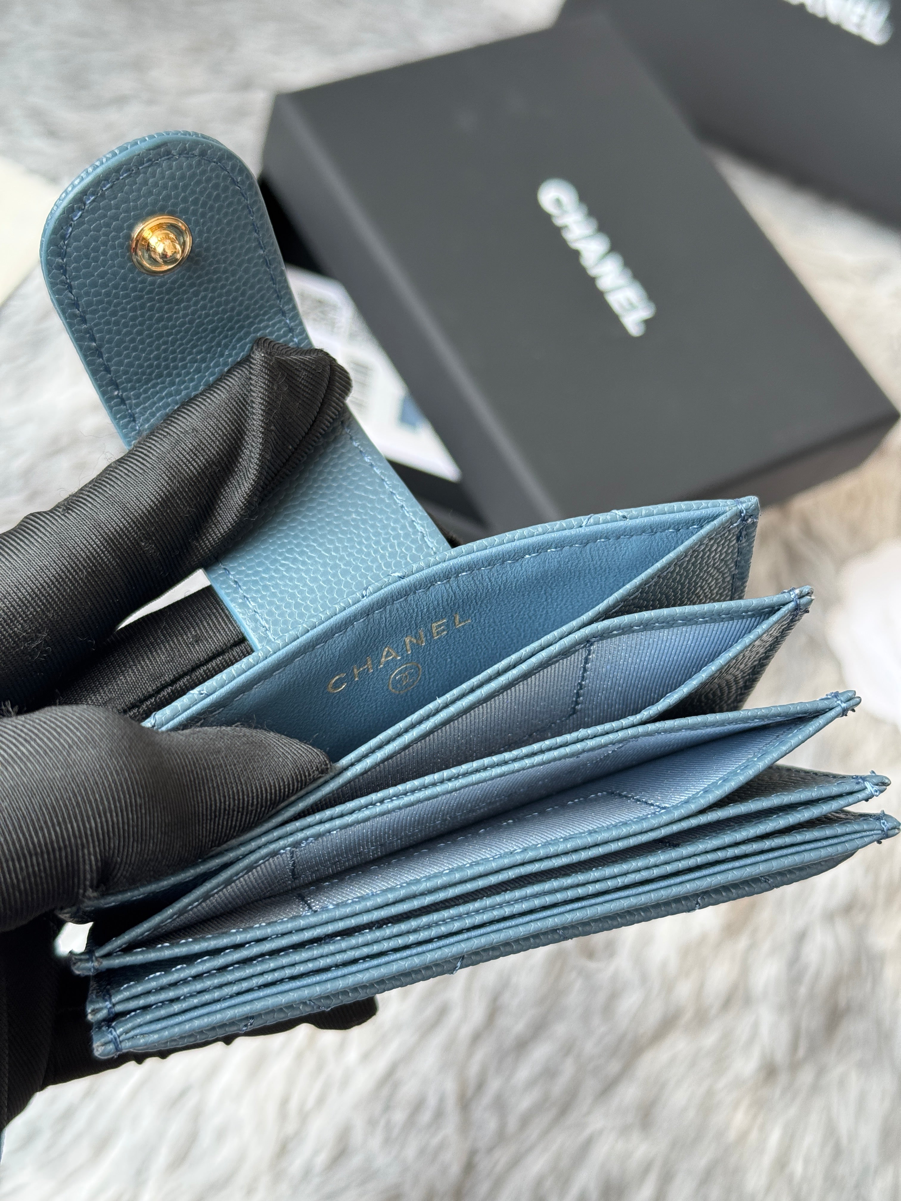 CC Accordion Card Holder Blue Gold-tone Metal Caviar 242659