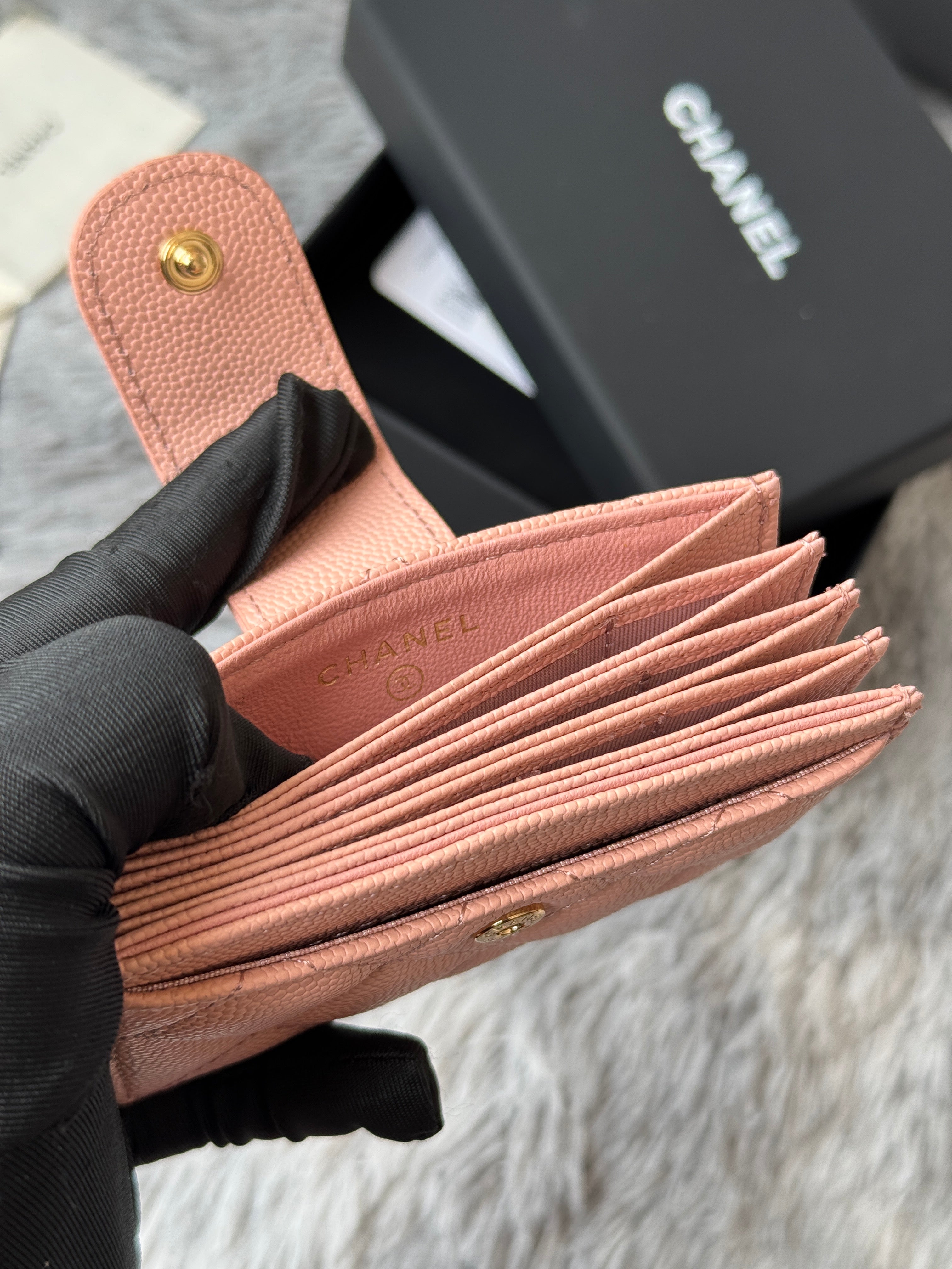 CC Accordion Card Holder Pink Gold-tone Metal Caviar 242667