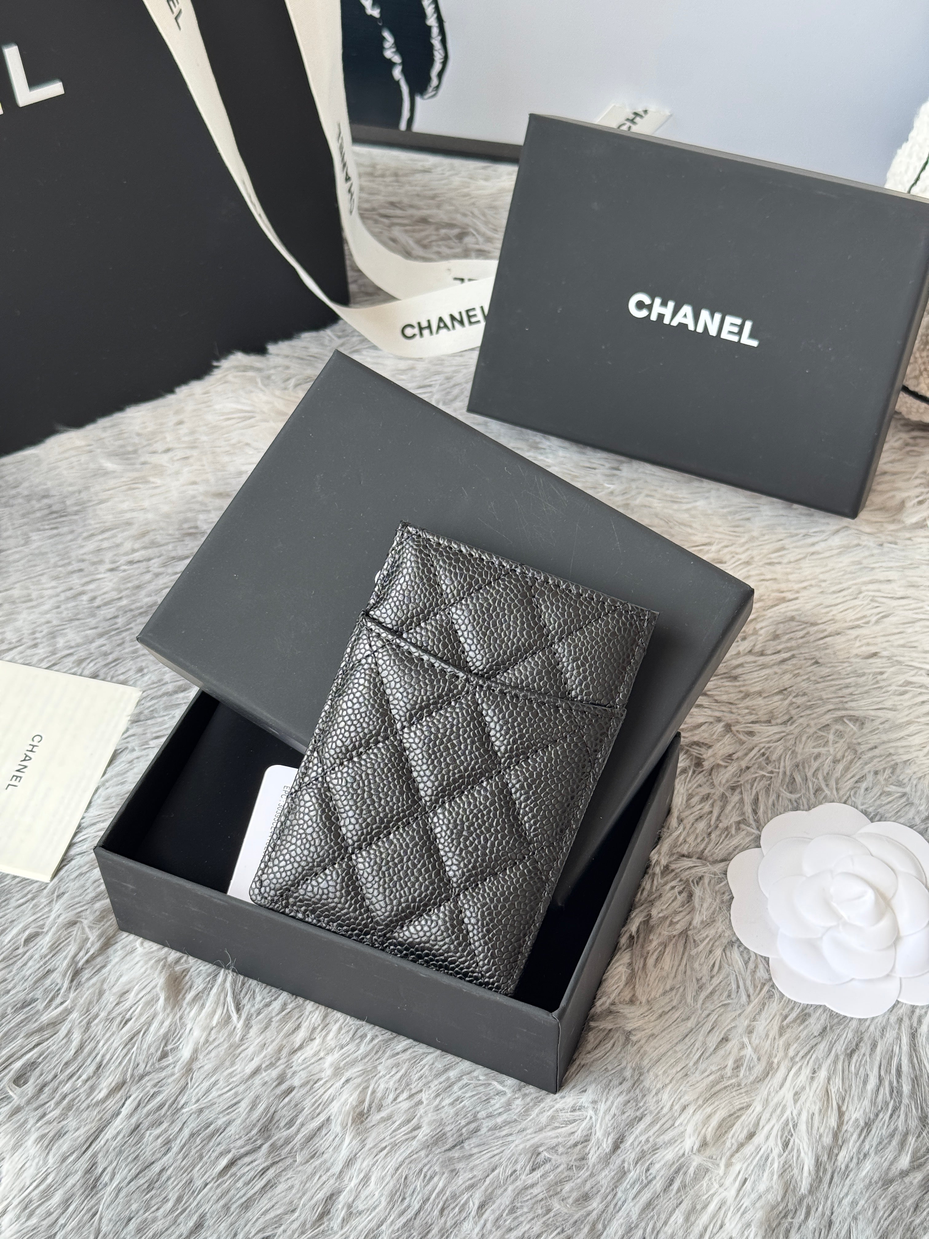 CC Carld Holder Black Gold-tone Metal Grain Calfskin 242682