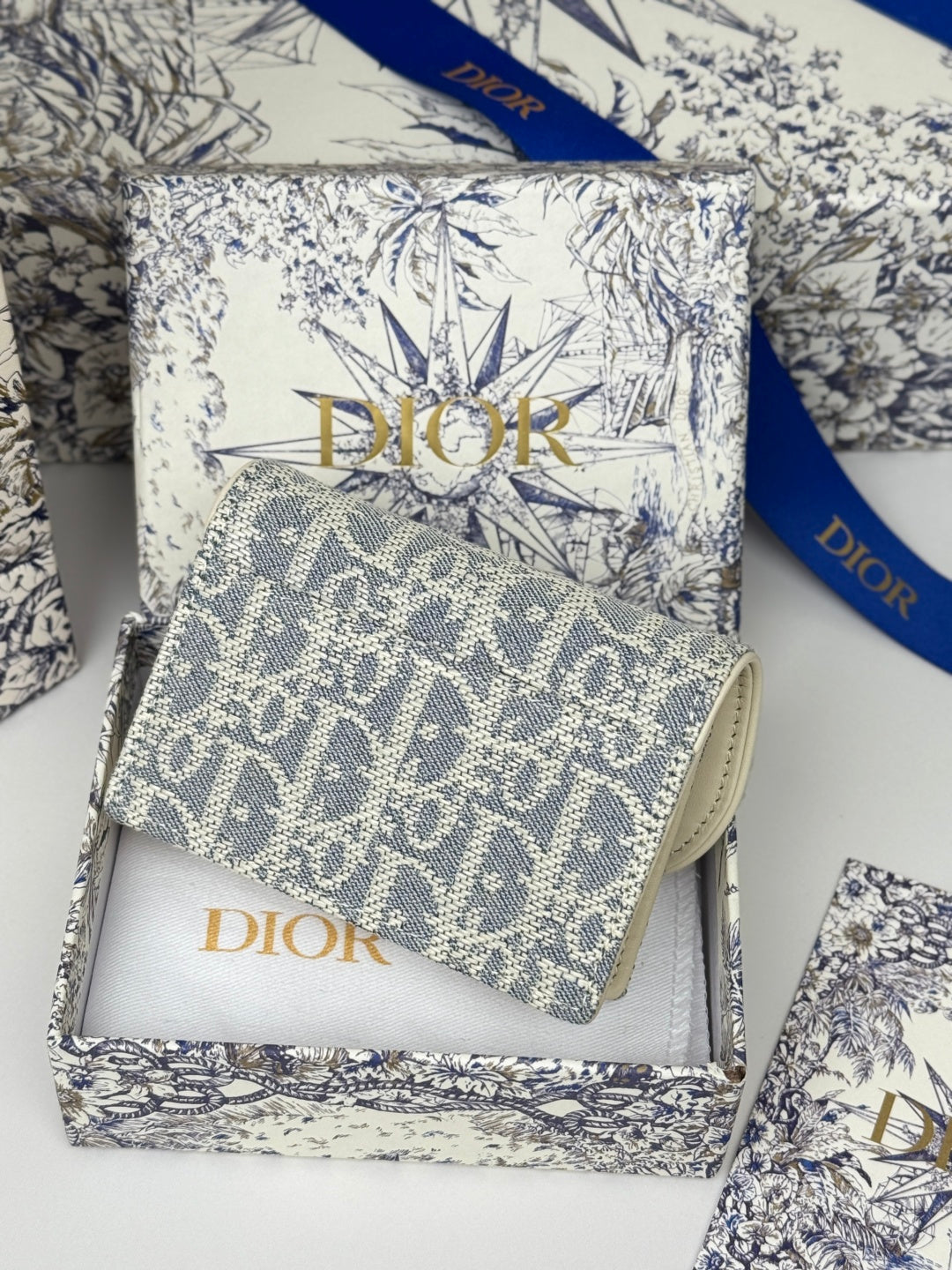 CD Saddle Lotus Wallet 10.5cm White Grey Jacquard GHW