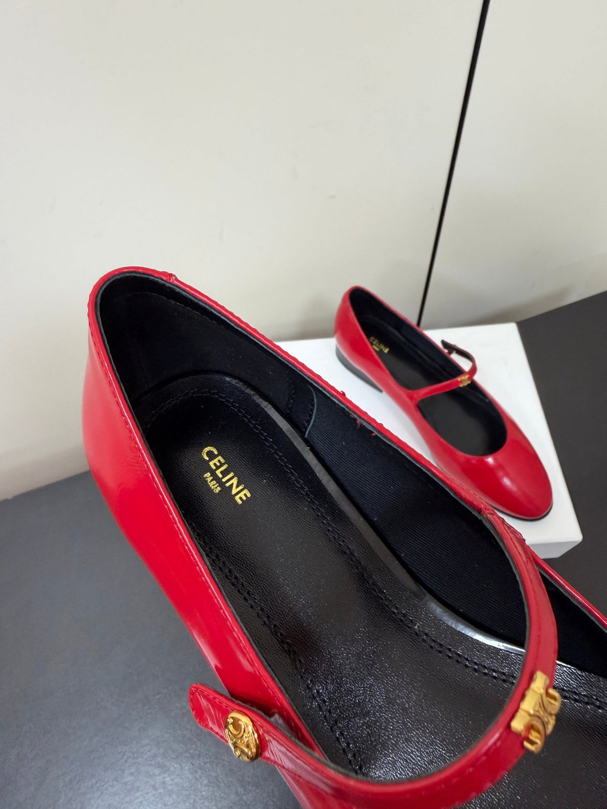 Celine 26s Mary Jane Flats In Dark Red Glossy Calfskin Gold Hardware