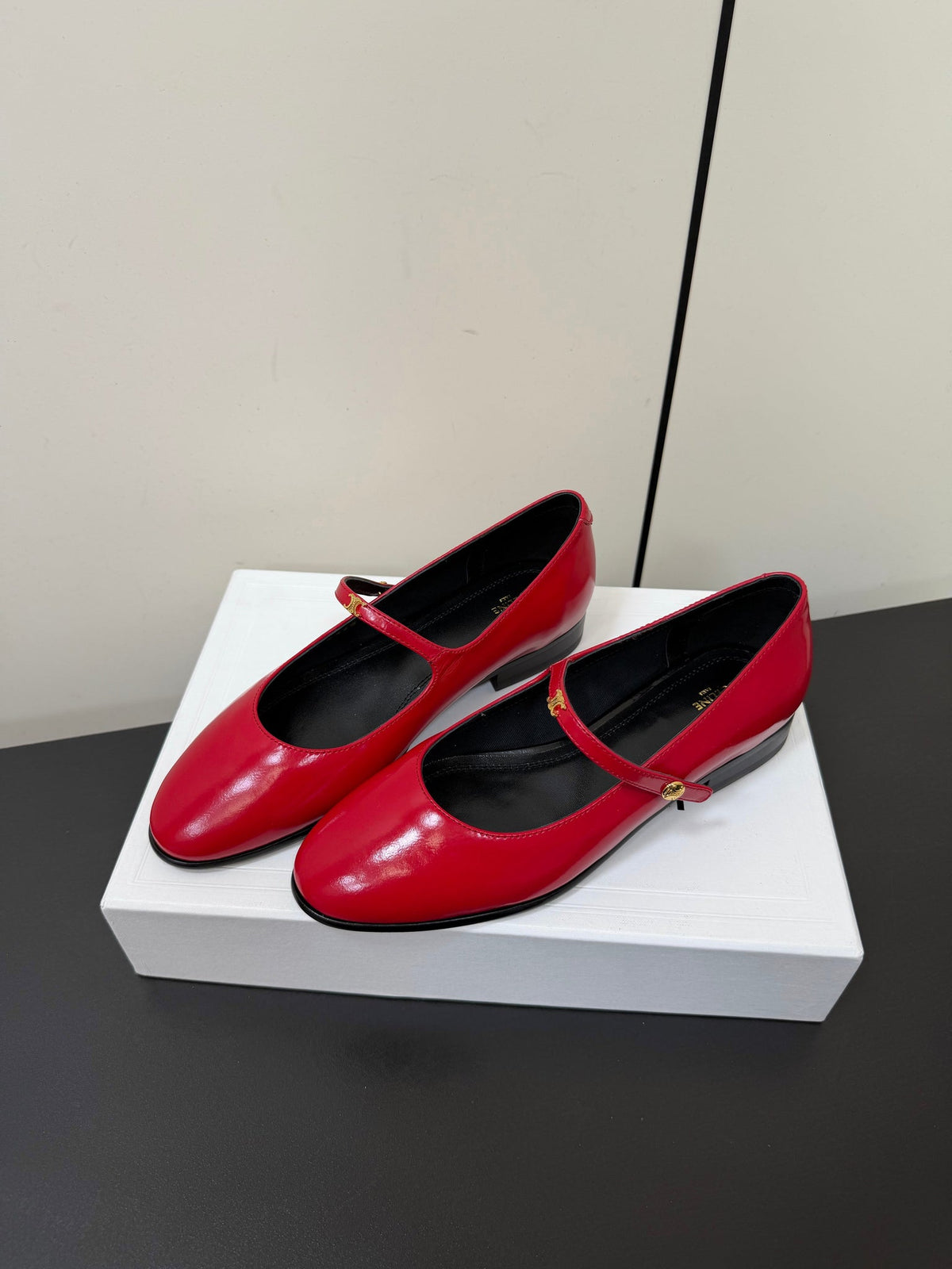 Celine 26s Mary Jane Flats In Dark Red Glossy Calfskin Gold Hardware