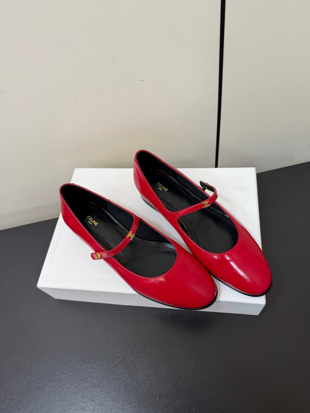 Celine 26s Mary Jane Flats In Dark Red Glossy Calfskin Gold Hardware