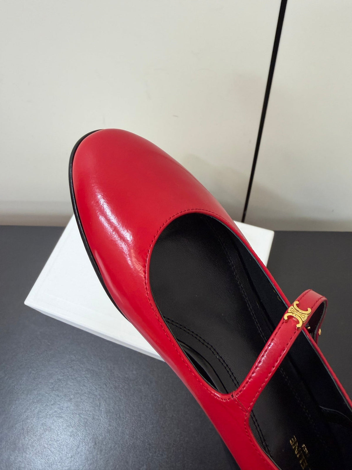 Celine 26s Mary Jane Flats In Dark Red Glossy Calfskin Gold Hardware