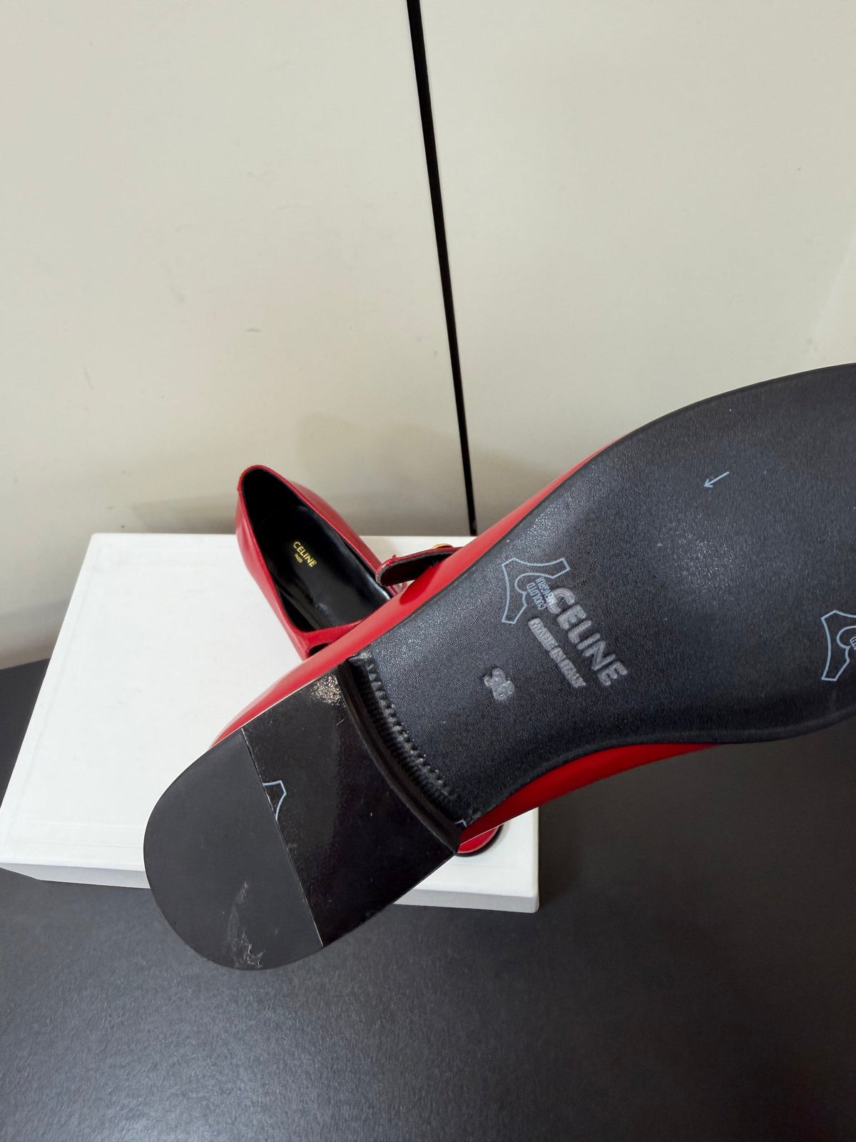 Celine 26s Mary Jane Flats In Dark Red Glossy Calfskin Gold Hardware