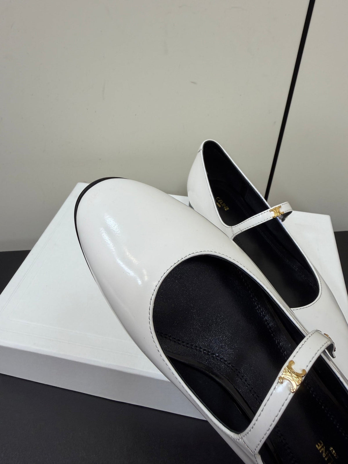 Celine 26s Mary Jane Flats In White Glossy Calfskin Gold Hardware