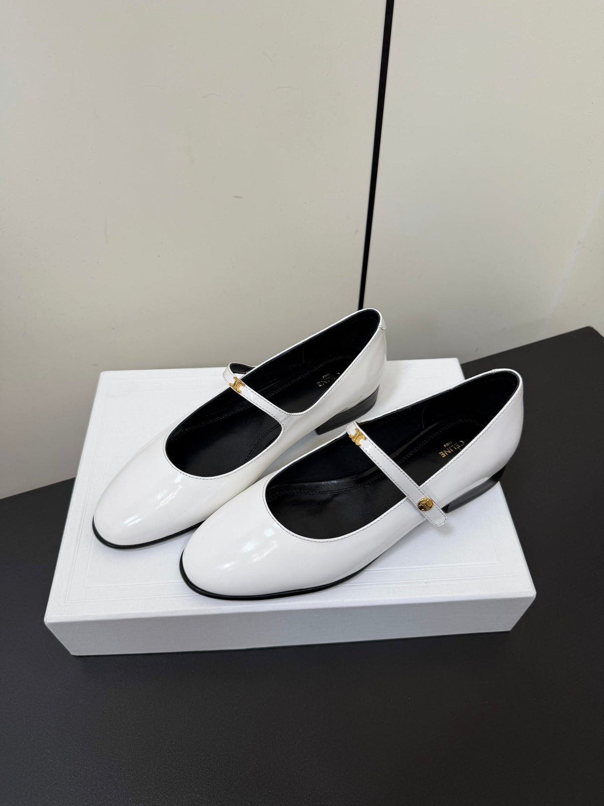Celine 26s Mary Jane Flats In White Glossy Calfskin Gold Hardware