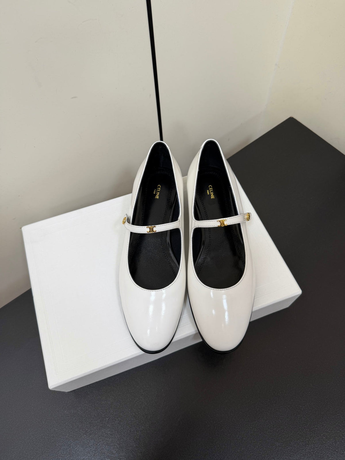 Celine 26s Mary Jane Flats In White Glossy Calfskin Gold Hardware