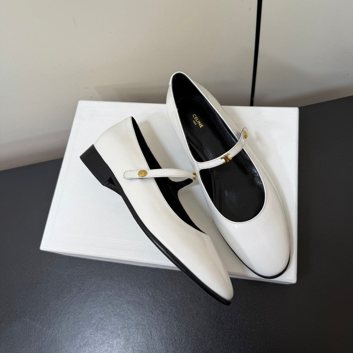 Celine 26s Mary Jane Flats In White Glossy Calfskin Gold Hardware