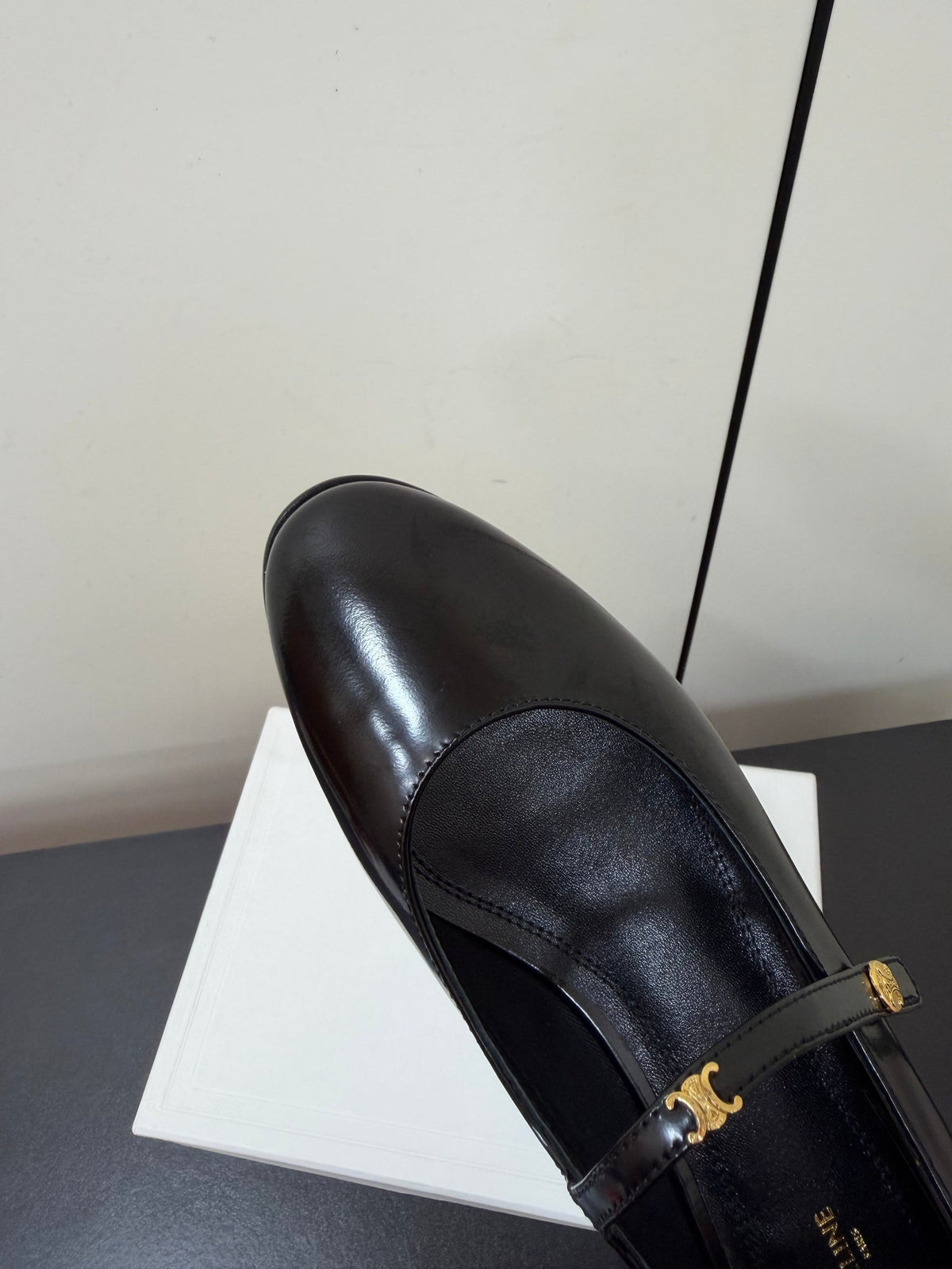 Celine 26s Mary Jane Flats In Black Glossy Calfskin Gold Hardware