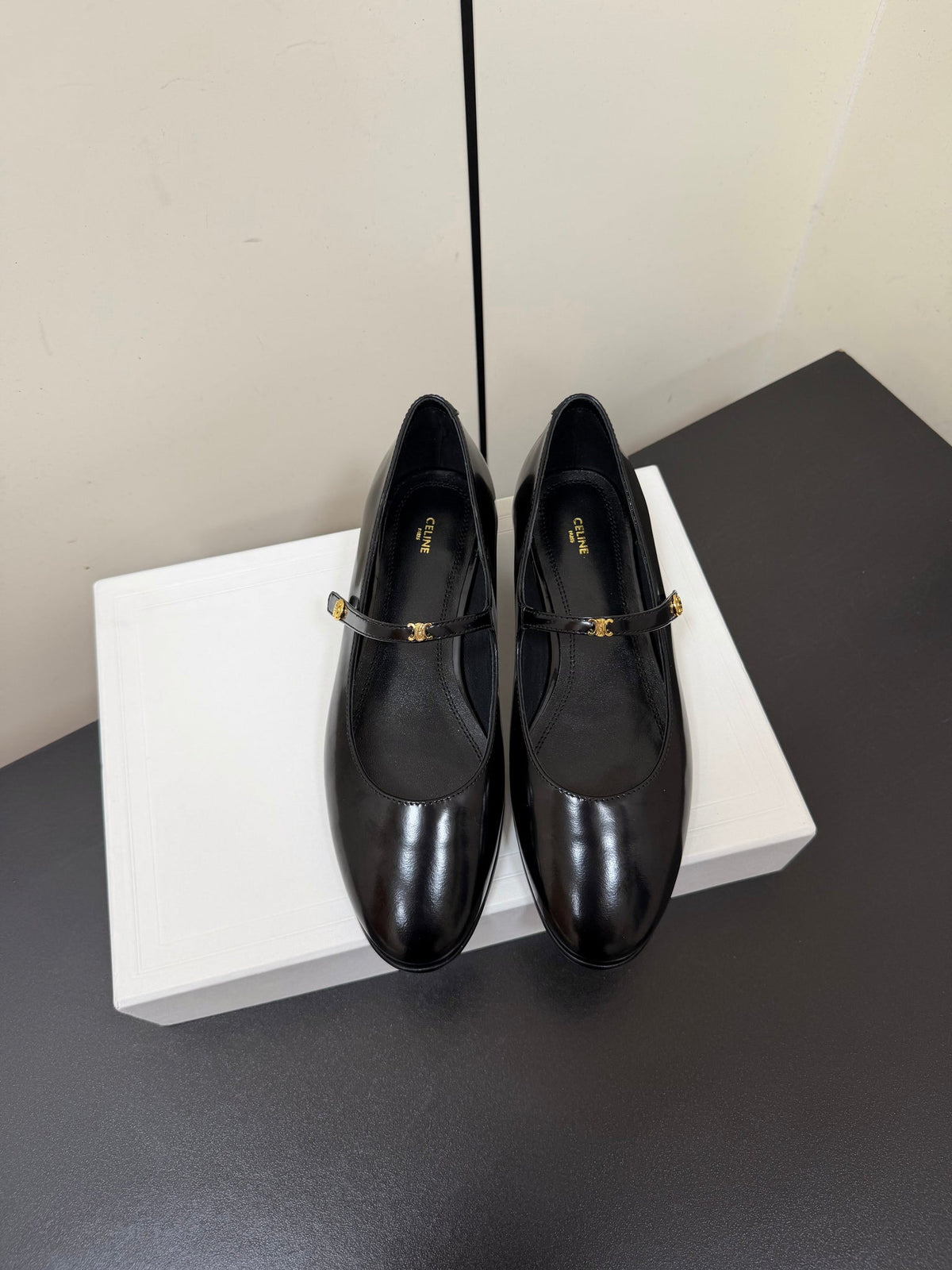 Celine 26s Mary Jane Flats In Black Glossy Calfskin Gold Hardware