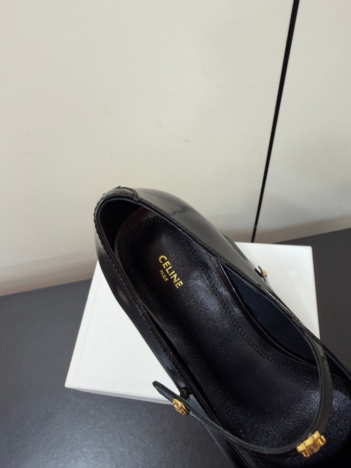Celine 26s Mary Jane Flats In Black Glossy Calfskin Gold Hardware