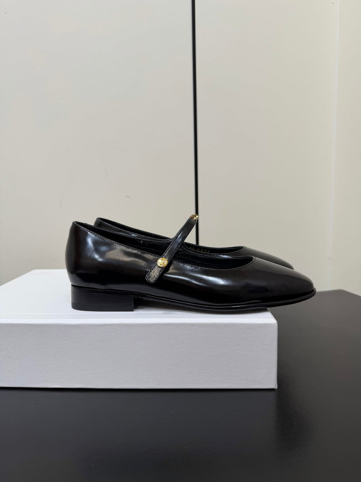 Celine 26s Mary Jane Flats In Black Glossy Calfskin Gold Hardware
