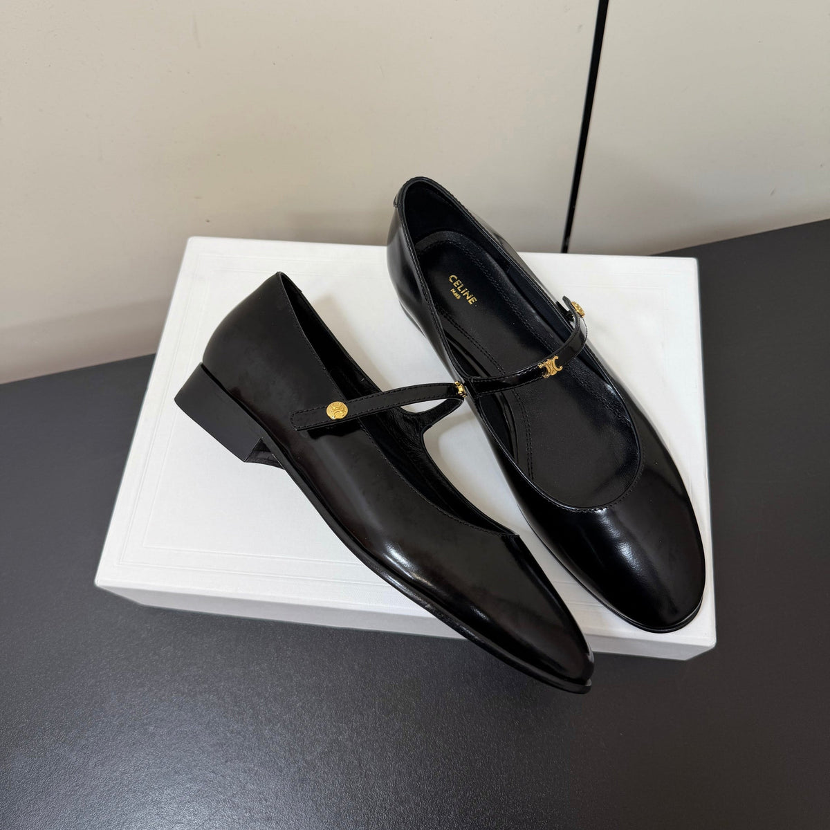 Celine 26s Mary Jane Flats In Black Glossy Calfskin Gold Hardware