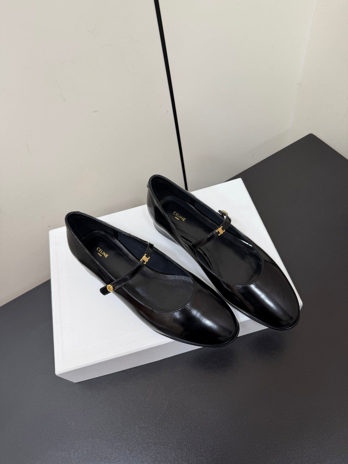 Celine 26s Mary Jane Flats In Black Glossy Calfskin Gold Hardware