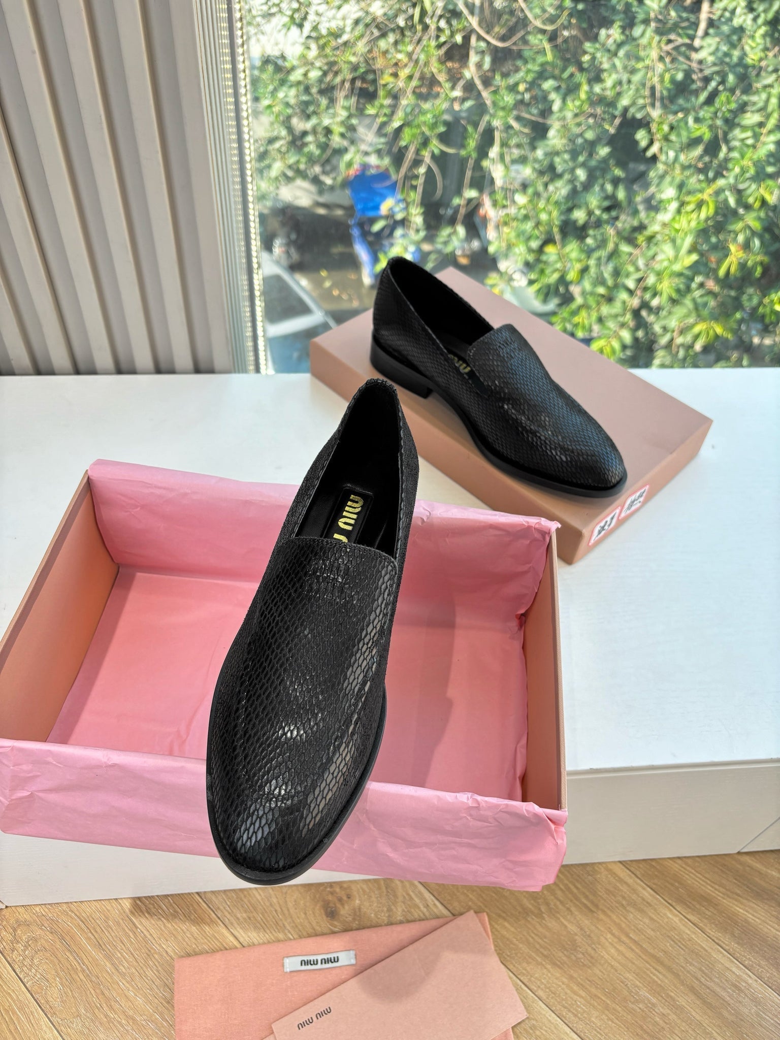 Miu 26s Loafers In Black Snake Embossed Calfskin