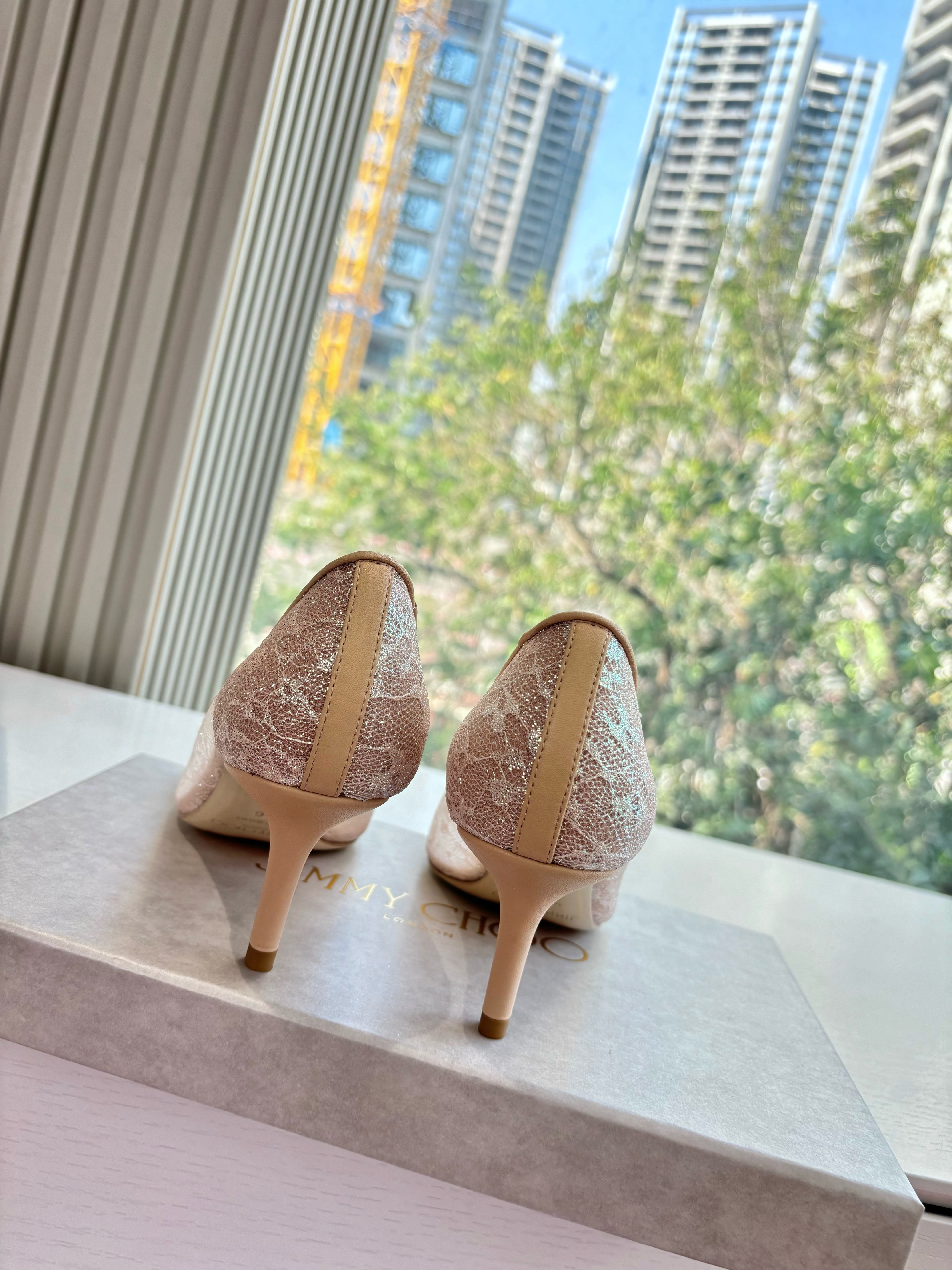 JC 26s Rhinestone Auria Pumps 8.5cm Beige Mesh 648209