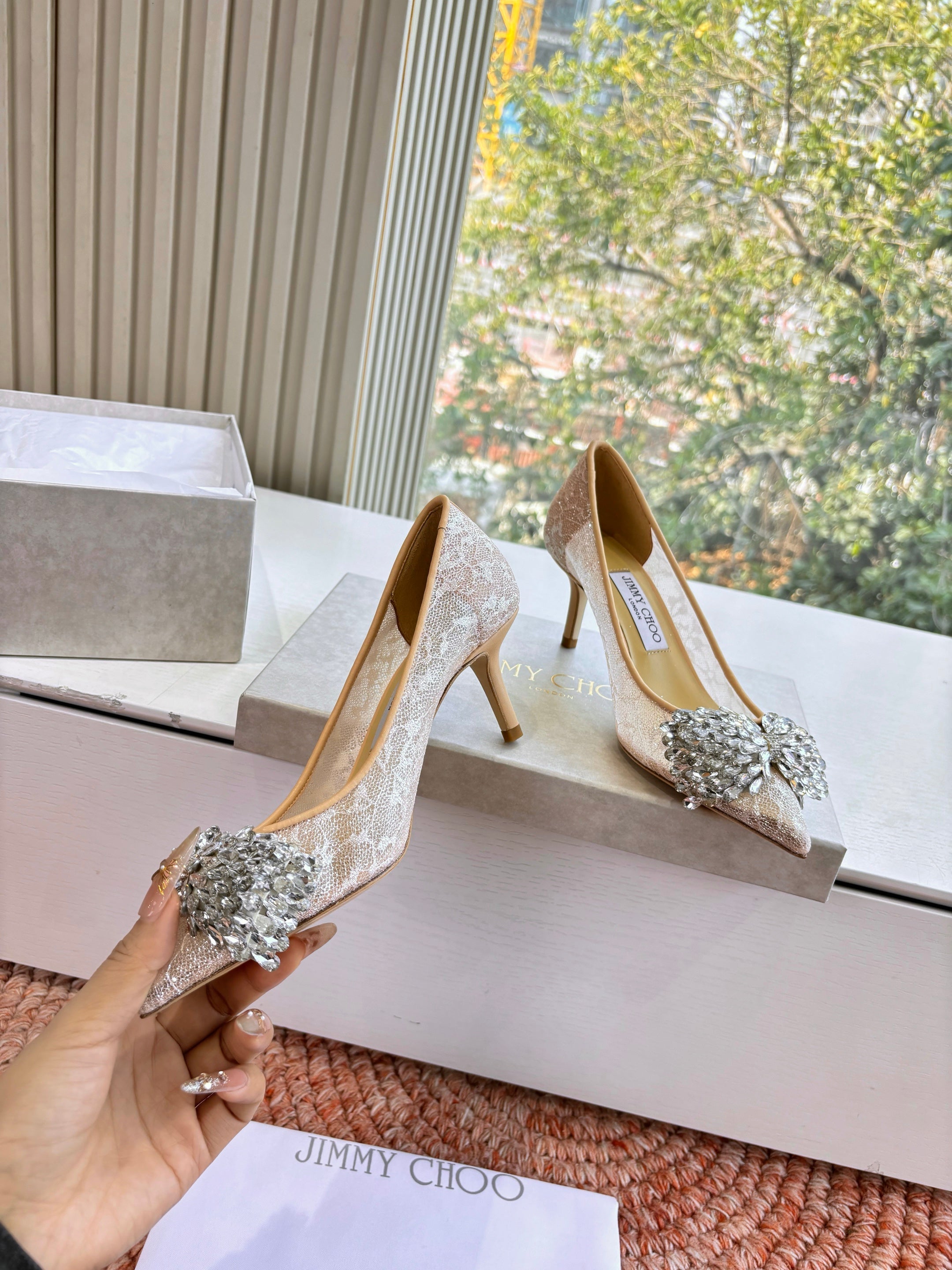 JC 26s Rhinestone Auria Pumps 8.5cm Beige Mesh 648209