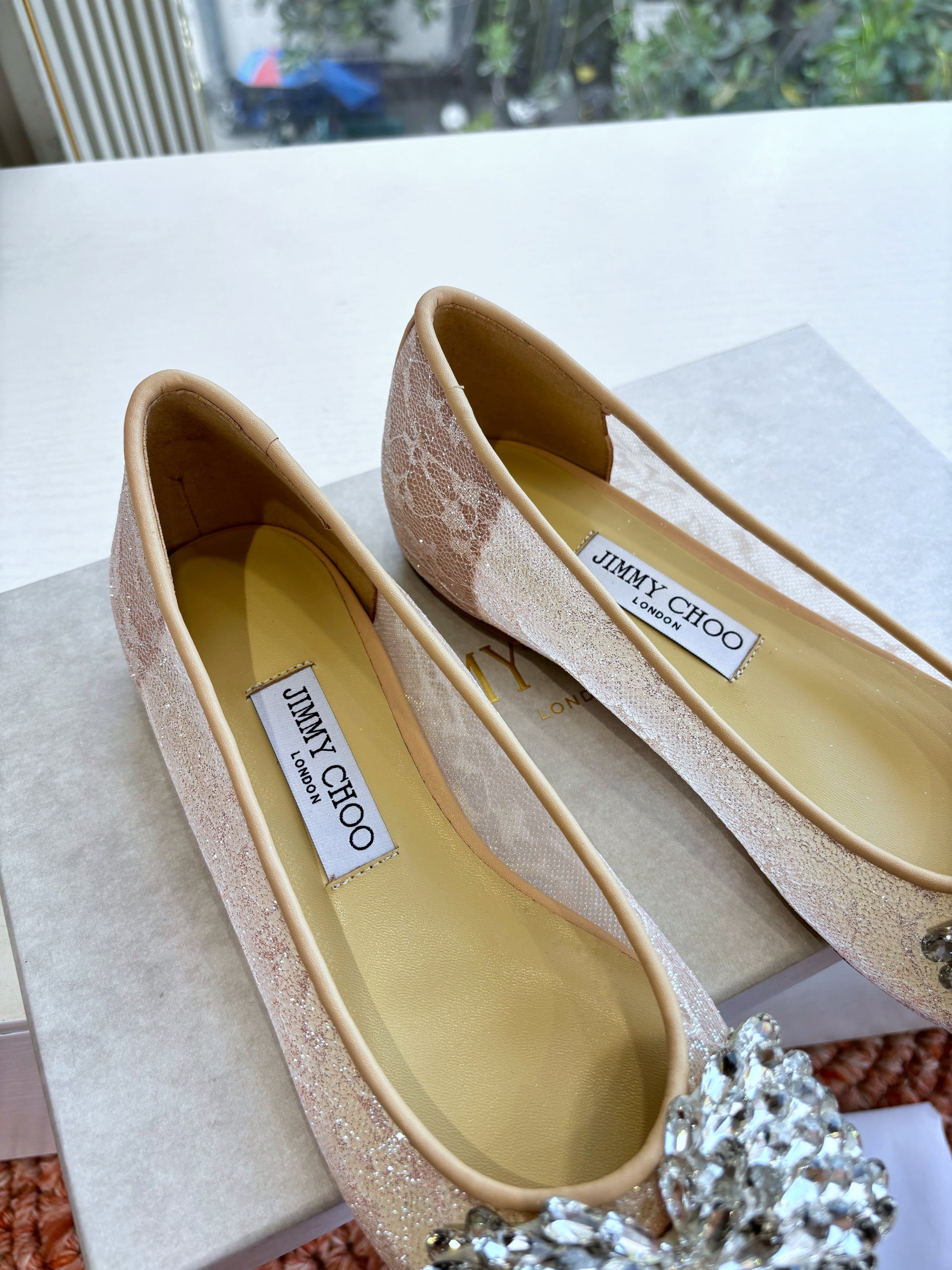 JC 26s Rhinestone Auria Ballet Flats Beige Mesh 648215