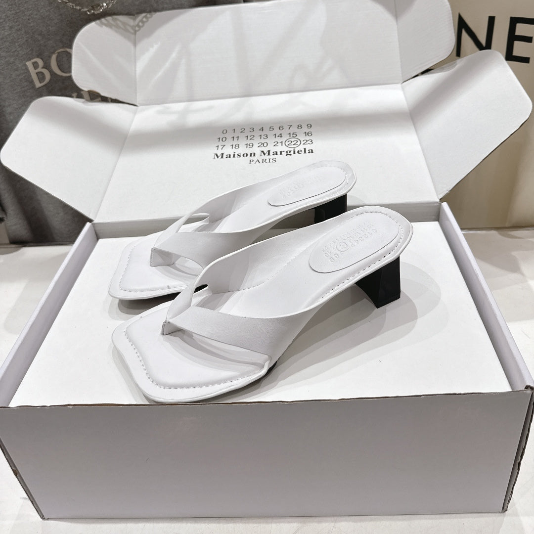 MM6 High-Heeled Flip-Flops White Cowhide 896513