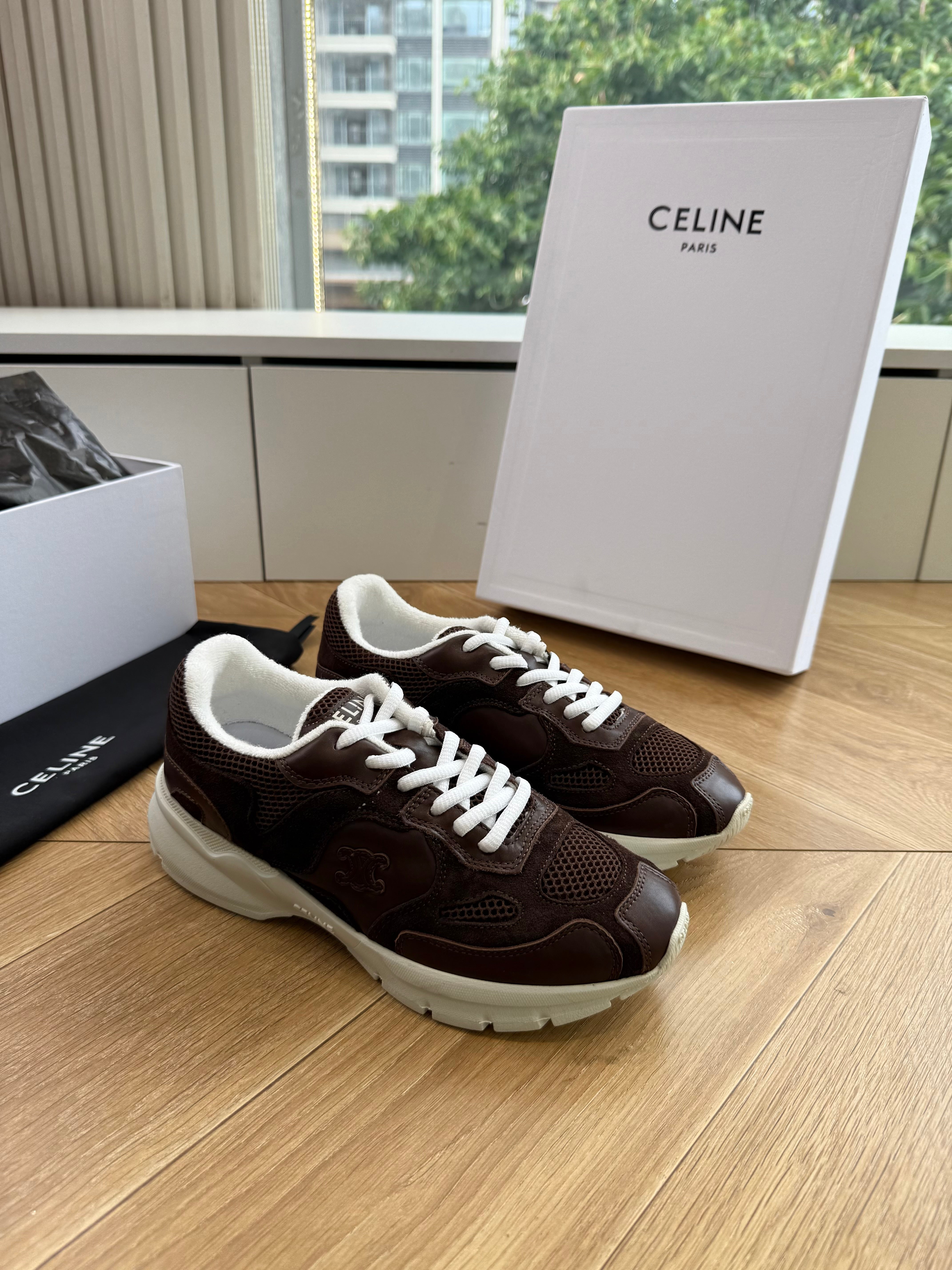 Celine 26s Runner Sneakers Coffee Mesh Suede Calfskin 967837