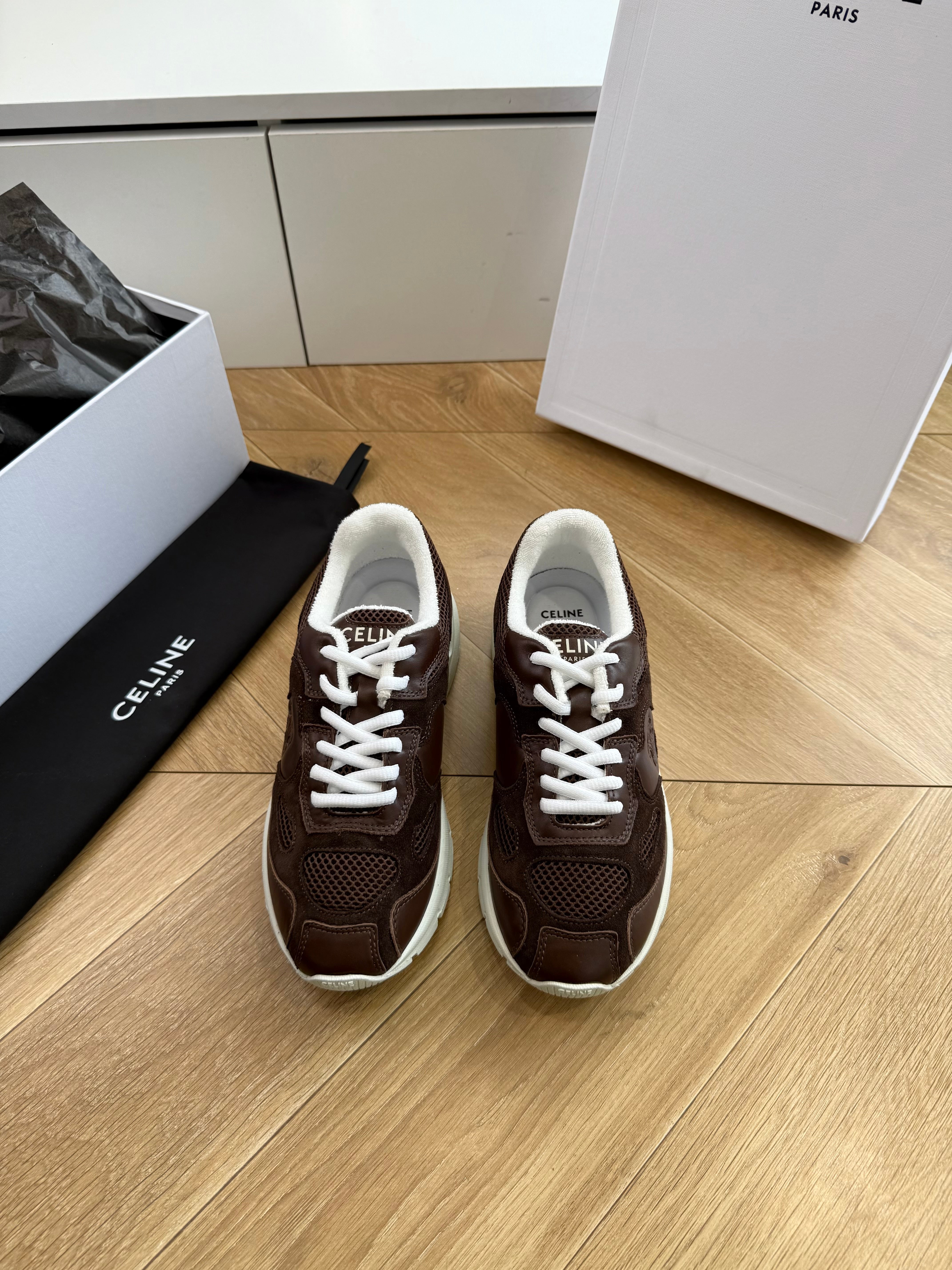 Celine 26s Runner Sneakers Coffee Mesh Suede Calfskin 967837