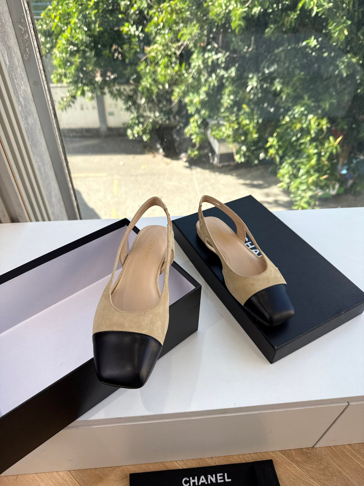 CC 26s Cap Toe Slingback Flats Beige Suede 168786