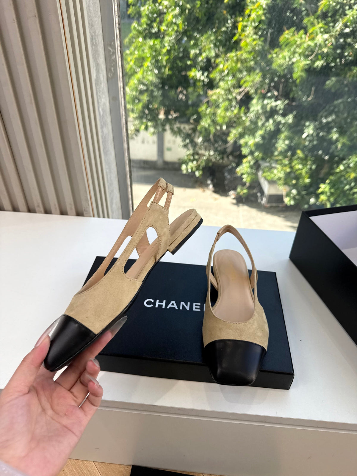 CC 26s Cap Toe Slingback Flats Beige Suede 168786