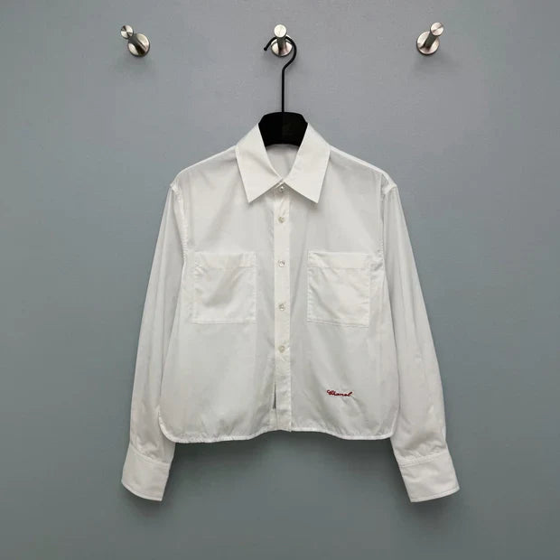 Chanel 2026 Pearl Button Chain Trim Short Shirt White Cotton 213056