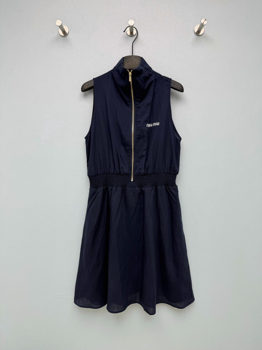 Miu Collar Zipper Sleeveless Waist-Cinching Dress Black Linen 394354