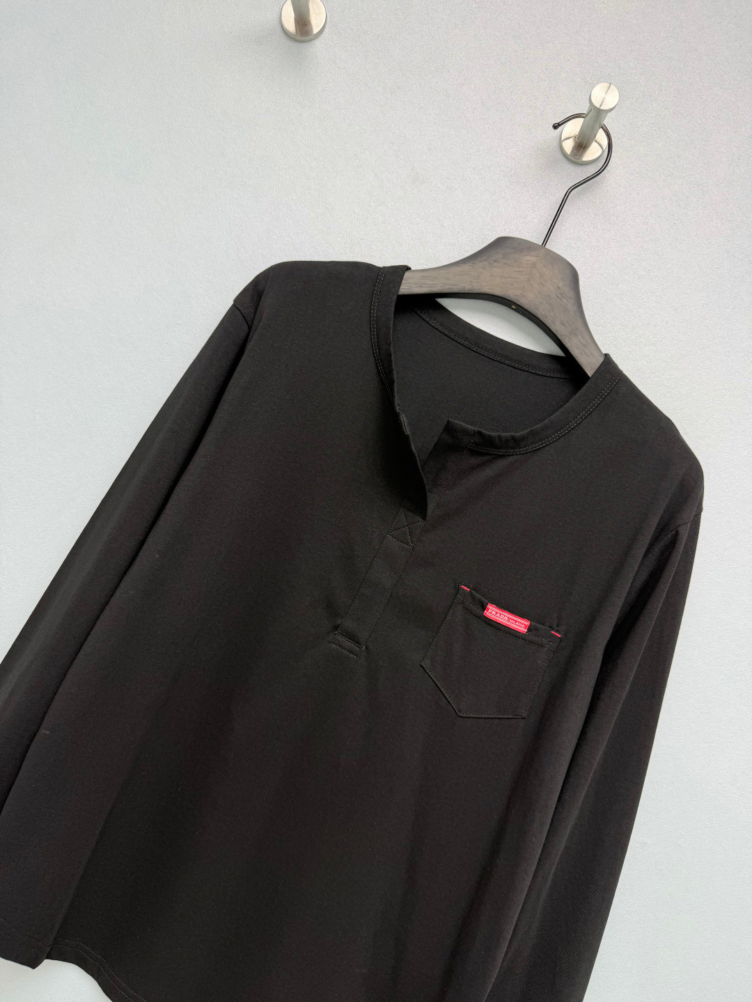 Prada 26s Half-Button Henley Collar Long-Sleeve Top Black Cotton 425188