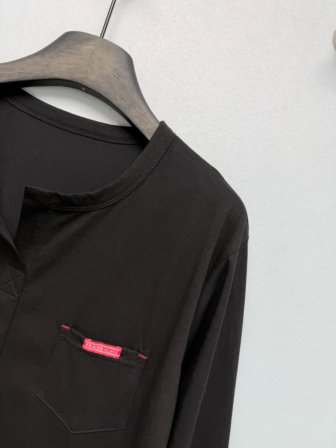 Prada 26s Half-Button Henley Collar Long-Sleeve Top Black Cotton 425188