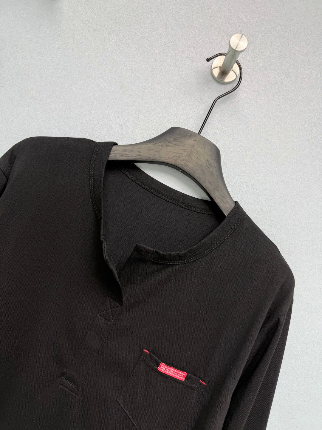 Prada 26s Half-Button Henley Collar Long-Sleeve Top Black Cotton 425188
