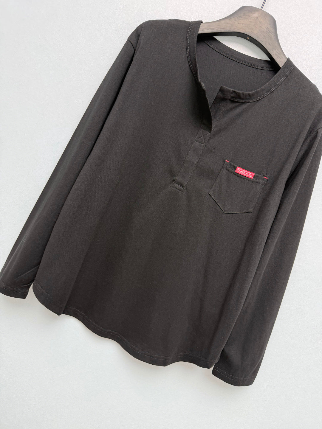 Prada 26s Half-Button Henley Collar Long-Sleeve Top Black Cotton 425188