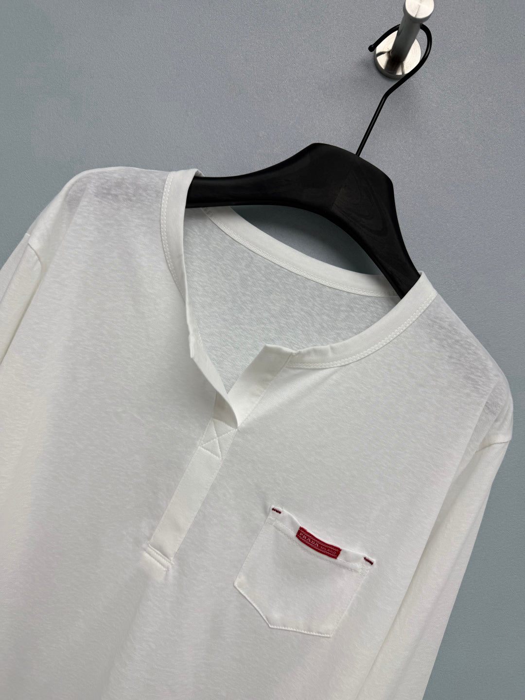 Prada 26s Half-Button Henley Collar Long-Sleeve Top White Cotton 425190