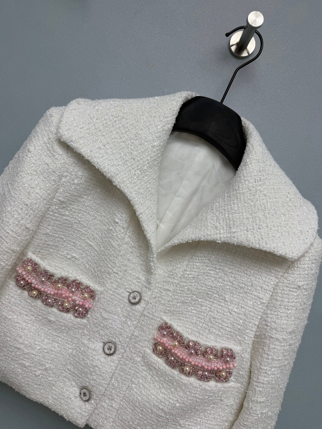 CC 26s Short Jacket with Pink Beads White Tweed 425106