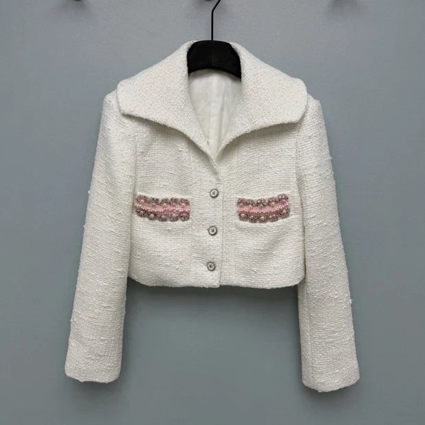 Chanel 2026 White Tweed Short Jacket with Pink Beads 425106