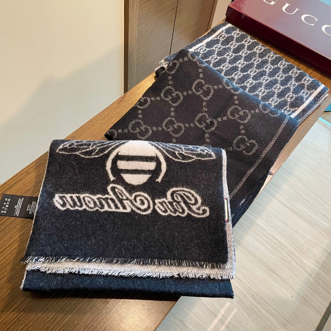 GG Double G Jacquard Scarf 180CM Black Gray Wool 283098