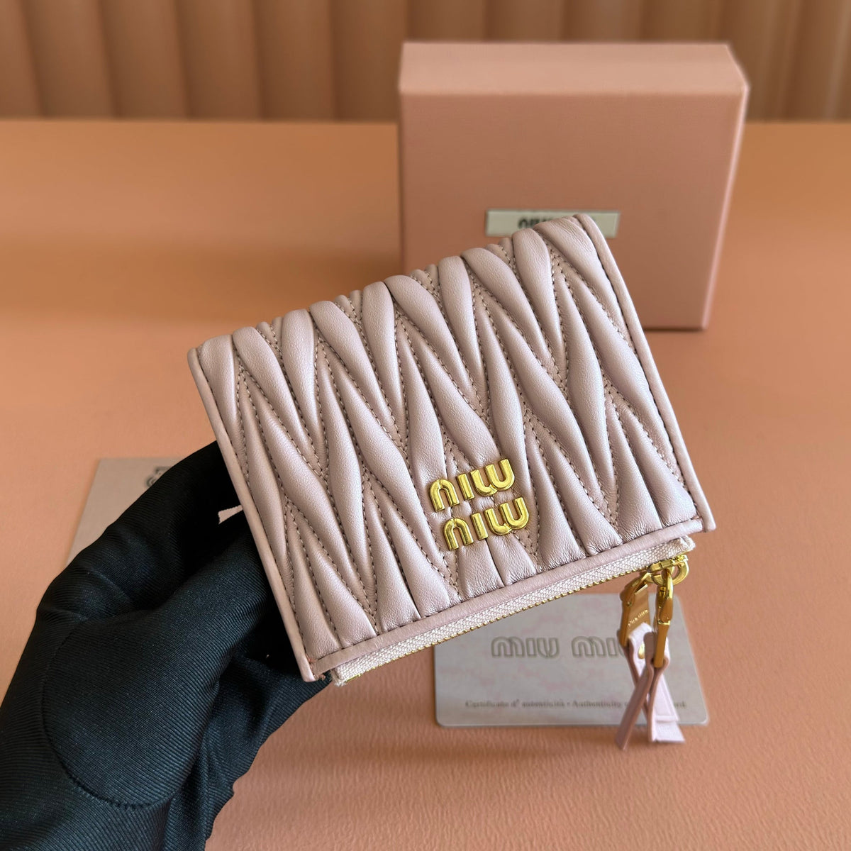 Miumiu 26s Small Matelasse Card Holder 11 In Light Pink Calfskin Gold Hardware