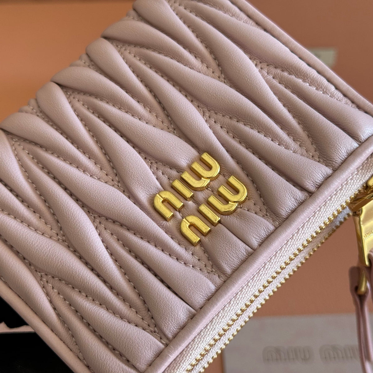 Miumiu 26s Small Matelasse Card Holder 11 In Light Pink Calfskin Gold Hardware