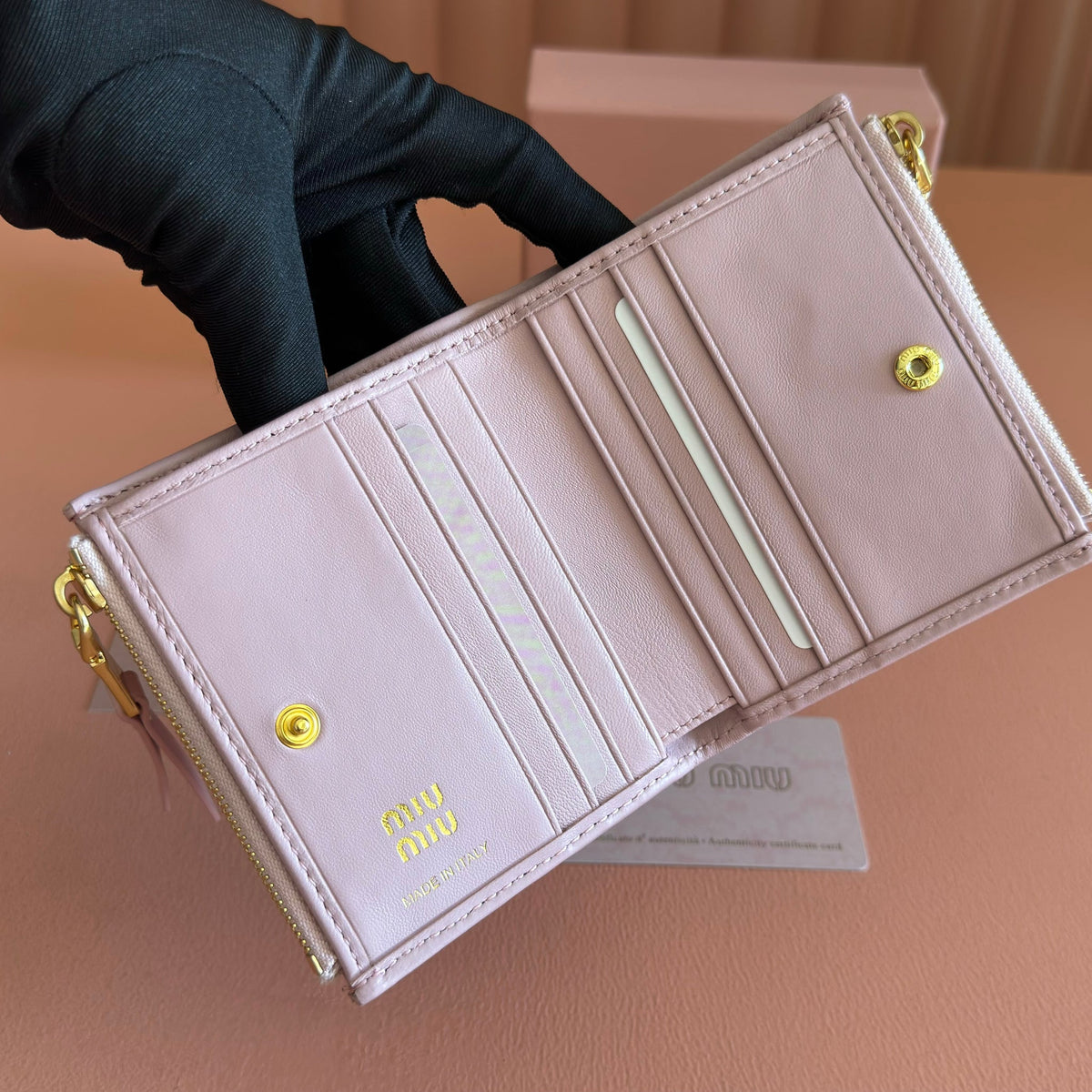 Miumiu 26s Small Matelasse Card Holder 11 In Light Pink Calfskin Gold Hardware